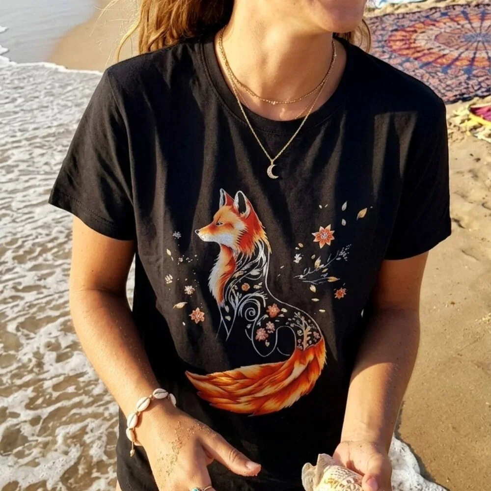 Floral Fox Graphic Tee – Artistic Cotton T-Shirt Black – Size [S/M/L/XL] NEW - Picture 8 of 11